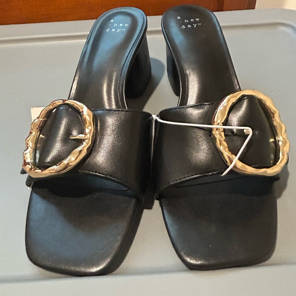 🖤 A New Day Black Heeled Sandals with Gold Buckle – Chic & Sophisticated